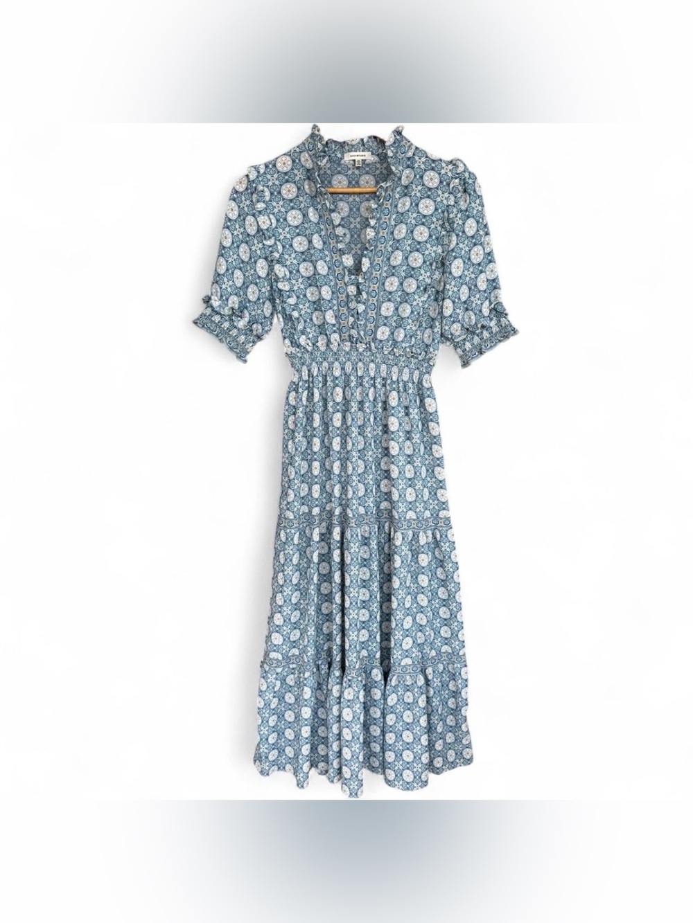 Max Studio Boho Blue Print Ruffle V-Neck Tiered Maxi Dress Size M